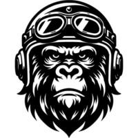 Tattoo of gorilla biker in motorcycle helmet in monochrome. Monkey motorcyclist. Engraving minimalistic image in black ink drawing on white background vector