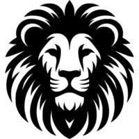 Tattoo of calm confident lion front view head in monochrome. Wild lion brand. Engraving minimalistic image in black ink drawing on white background vector