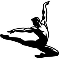 Sport emblem of ballerina man in dance jump in monochrome. Engraving minimalistic image in black ink drawing on white background vector