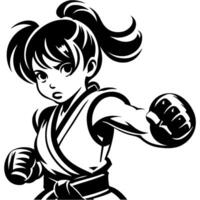 Tattoo emblem of young taekwondo girl in fighting stance in monochrome. Engraving minimalistic image in black ink drawing on white background vector