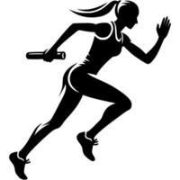 Sport emblem of female track and field athlete trains for team running with relay baton in monochrome. Engraving minimalistic image in black ink drawing on white background vector