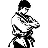 Tattoo emblem of fighter pensively folded his arms sadly across his chest in monochrome. Engraving minimalistic image in black ink drawing on white background vector