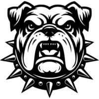 Tattoo of angry roaring Bulldog dog head in monochrome. Bulldog dog in spiked collar. Engraving minimalistic image in black ink drawing on white background vector