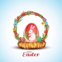 Happy easter card with a white rabbit inside a pink egg in the basket background vector