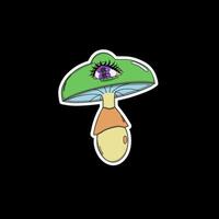 Psychedelic sticker, mushroom with a purple split eye, a surreal illustration in vivid neon colors with elements of dreamlike fantasy. vector