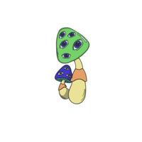 Two psychedelic mushrooms with surreal eyes, glowing colors, and intricate patterns. A trippy, fantasy-style vector