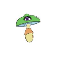 Psychedelic mushroom with a purple split eye, a surreal illustration in vivid neon colors with elements of dreamlike fantasy. vector
