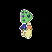 Two psychedelic sticker, mushrooms with surreal eyes, glowing colors, and intricate patterns. A trippy, fantasy-style vector