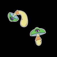 Psychedelic stickers, mushrooms with a purple split eye and spiral eye, a surreal illustration in vivid neon colors with elements of dreamlike fantasy. vector