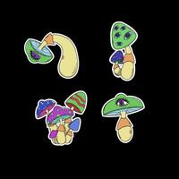Psychedelic stickers, mushrooms, a surreal illustration in vivid neon colors with elements of dreamlike fantasy. vector
