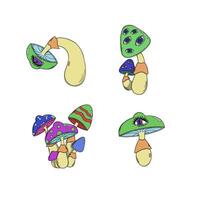 Psychedelic mushrooms, a surreal illustration in vivid neon colors with elements of dreamlike fantasy. vector