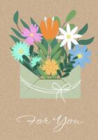 Spring, Summer Card with Hand Drawn Abstract Flowers and Envelope on Kraft Paper Background. Modern Trendy Summer, Spring Season Design For Greeting Card, Invitation Template, Mother's and Women's Day vector