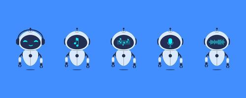 Set of cute robots related to music, audio recording and speech recognition. illustration for AI assistants, smart tech, voice control and chatbot design vector