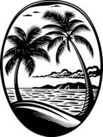 a black and white image of palm trees and the ocean vector