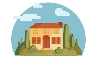 Tuskany farm sunny house on green hill with cypress trees and flowering bushes. Round simple composition for design in flat style. Toscana summer scene. vector