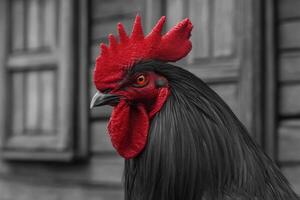 Striking black and red rooster standing proudly against a blurred background photo