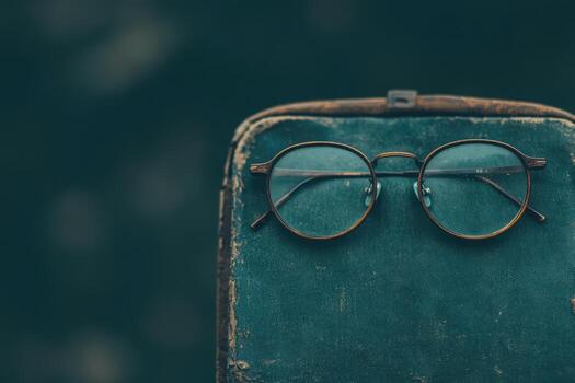 Classic round glasses resting on an old suitcase in a vintage setting photo