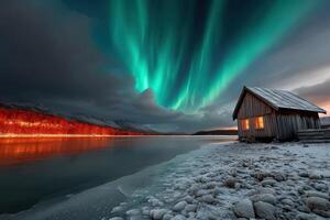 Stunning display of northern lights over a tranquil lake near a cozy cabin at twilight photo