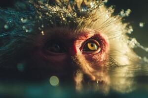 Monkey enjoying a hot spring bath in Japan during winter with steam rising photo