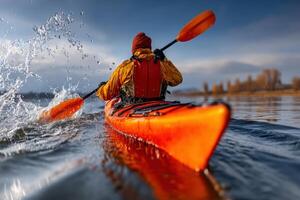 Paddler navigating through calm water on bright orange kayak during golden hour at lake photo