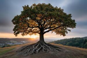 Majestic tree stands alone against a beautiful sunset in a serene landscape photo