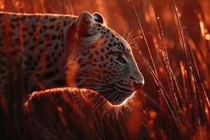 Leopard prowling silently at dusk through tall grass in a vibrant savanna landscape photo