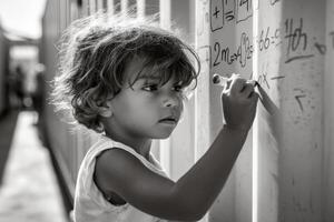 Child writing equations on a wall in a narrow alley during the day photo