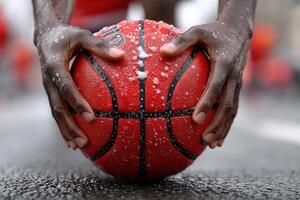 Basketball player prepares for game in rainy urban court amidst vibrant surroundings photo