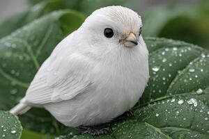 Snowy white bird perched on a green leaf after rain photo