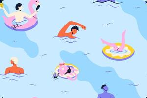 Summer pattern with men and cat in swimming pool. Quirky groovy illustration. hand drawn background vector