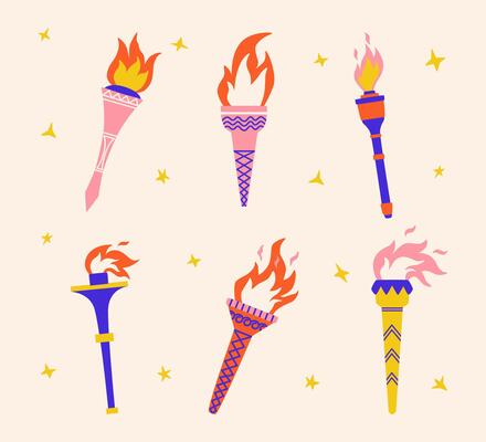 Set of torches with flame in quirky stile. Fire symbol of competition victory, championship. illustration
