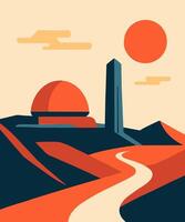 Minimalist landscape with abstract hills, a dome, a tall tower, and a bright sun. Modern and futuristic feel with bold, warm tones. vector
