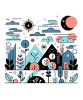 abstract nature with sun, moon, mountains, trees, and clouds in a minimal geometric style. Perfect for backgrounds, posters, and creative designs. vector