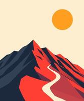 A bold and minimalist illustration of a mountain landscape featuring contrasting dark and red slopes under a bright orange sun. The winding path adds a sense of depth and journey. vector