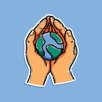 A design depicting hands encircling a globe, World Earth Day unity, and environmental awareness. The captivating light blue background enhances the illustration's symbolic appeal. vector