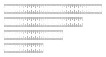 Set of centimeters rulers. Measuring tool templates. Scale for ruler in centimeters. Measuring scales 10, 15, 20, 25 centimeters. Metrics indicator. Measuring cm scales black icons. Minimalist mockups vector