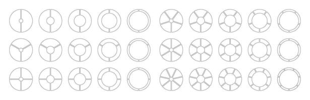 Circle division from 2 to 7 equal parts. Coaching blank. Diagrams with segments. Pie, pizza chart icon. Set of Infographics minimalist. Wheel round divided. Section graph black line art. Donut charts. vector