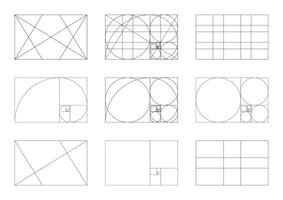 Minimalist set of Golden ratio. Method golden section icon mockup. Fibonacci array, numbers form. Harmony proportions frame templates. Outline graphic illustration. Harmony proportions grid collection vector