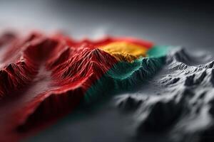 3D representation of mountain ranges with colorful national flag elements at dusk photo
