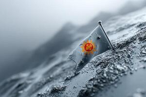 Flag with sun emblem stands on wet rocky terrain in foggy landscape photo