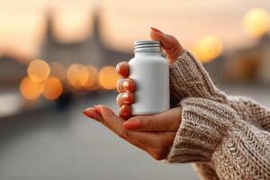 Hands holding a small white bottle during sunset near a cityscape with blurred lights in the background photo