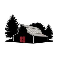 a black and red barn with trees in the background vector