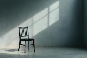 Solitary chair casts shadows in an empty room during afternoon light photo