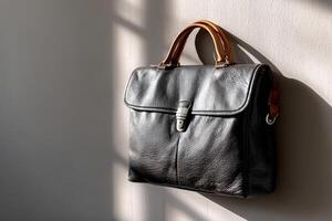 Leather briefcase hanging on a wall in natural light during the day photo