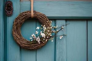 Decorative spring wreath hangs on a blue wooden door adorned with white blossoms photo