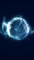 High-tech glowing sphere with blue digital particles forming complex structures in a virtual space environment video
