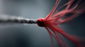 Close-up of red threads intertwining with black fibers in a delicate knot photo