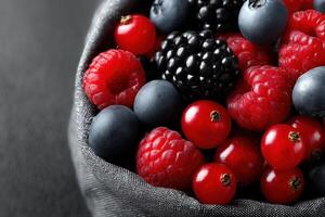 Freshly harvested mixed berries in a black fabric basket displayed on a dark surface photo