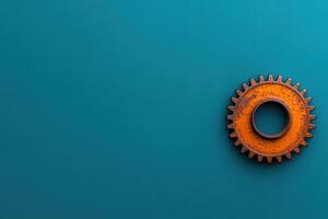An old, rusted orange gear rests on a solid turquoise background, showcasing texture and color photo