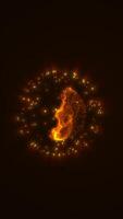 Glowing fiery sphere surrounded by golden light particles in dark space. Abstract heat and energy visualization video